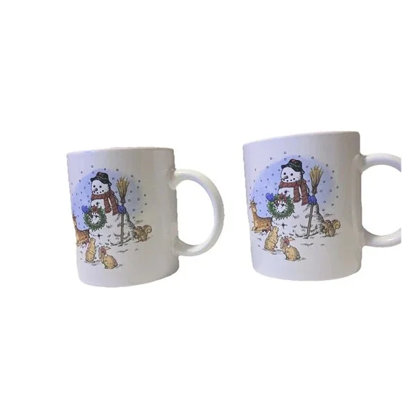 Set of  Two Vintage  Snowman by Salem China Christmas Holiday Red trim Mugs - Picture 3 of 15